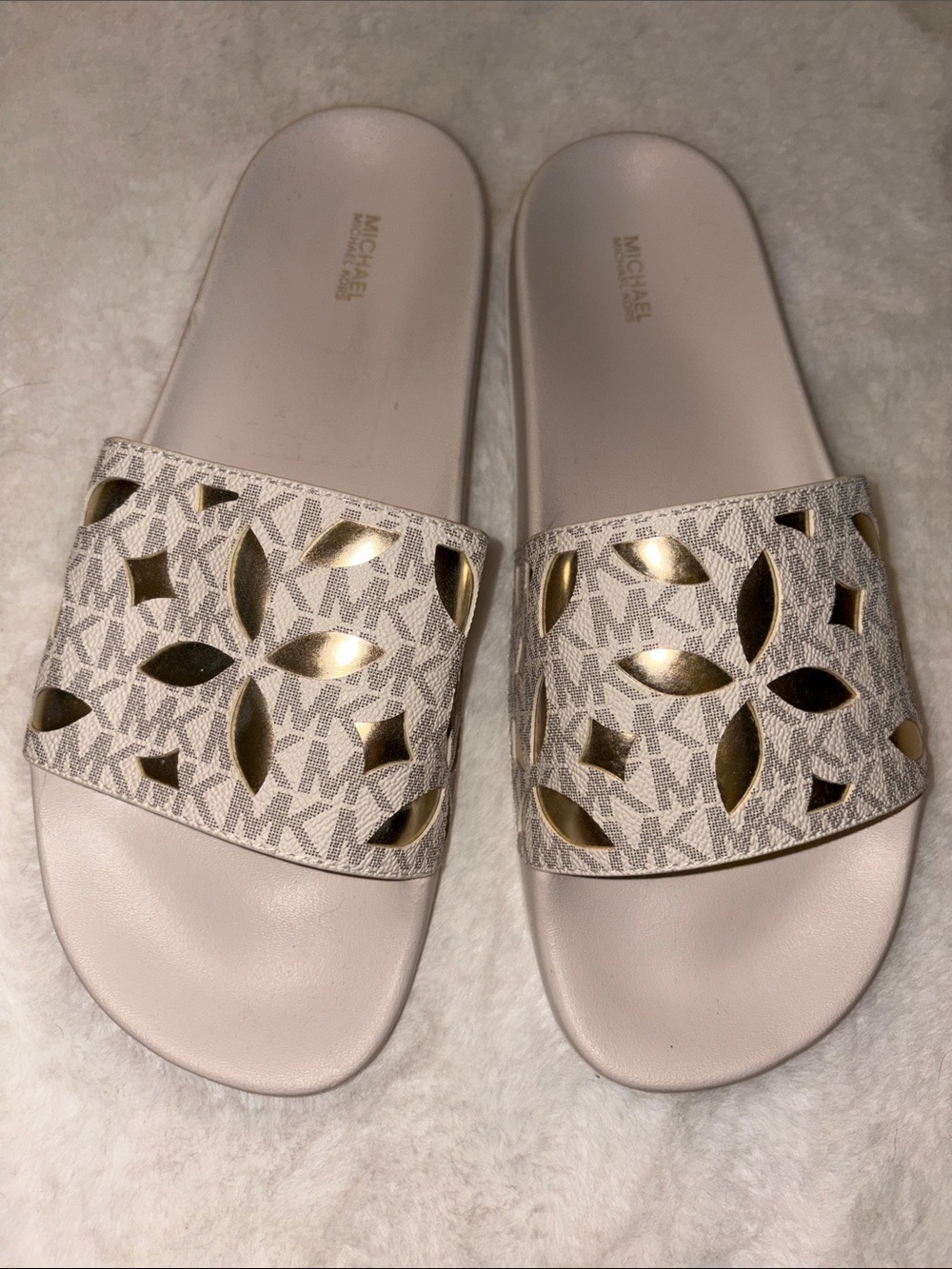 New w/Tags MICHAEL MICHAEL KORS WOMEN'S Eva Slides Sandals white/gold size:11